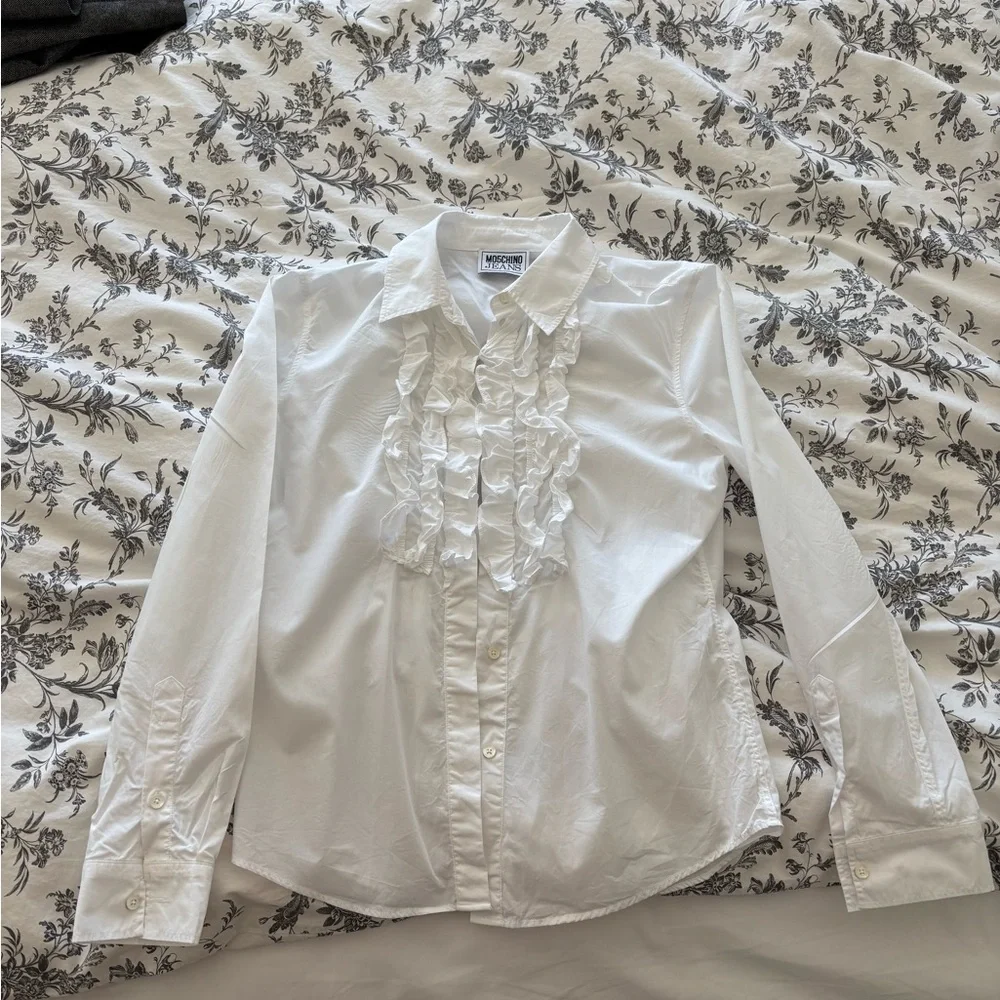 Moschino White Ruffled Button-Up Shirt - Picture 3 of 7